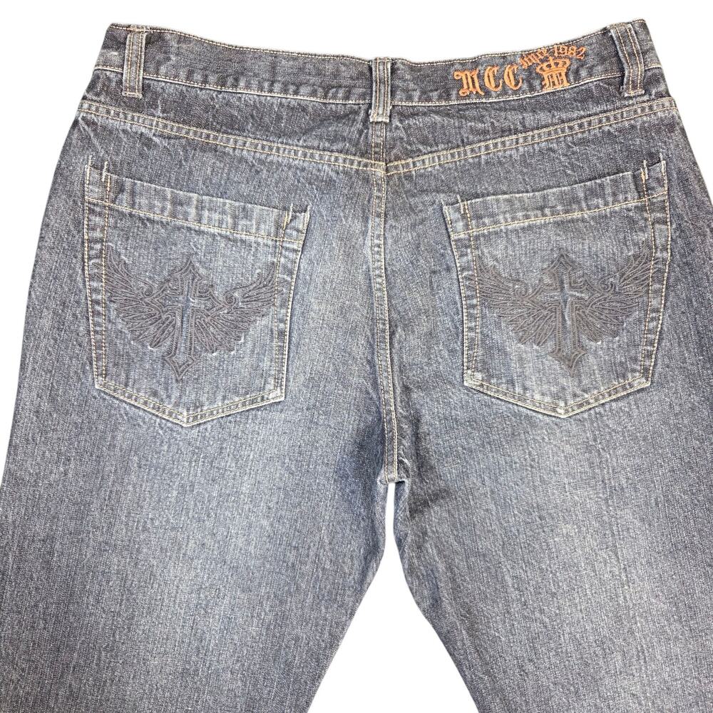 MCC Micros Y2K‎ Embroidered 90's Dark Wash Denim Jeans 34x32 Cross Straight